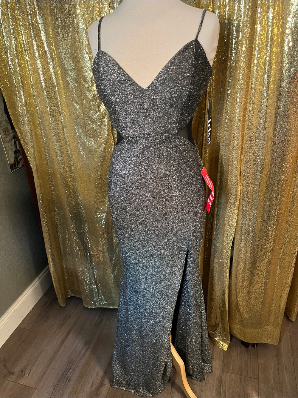 Trixxi Sparkling Silver-Gray Spaghetti Strap Prom Gown